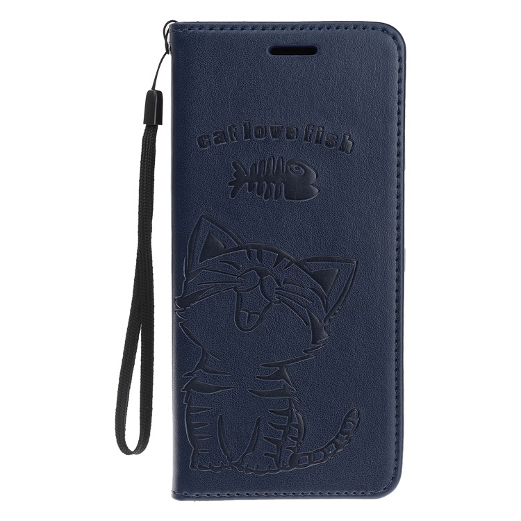 Imprint Cat and Fishbone Pattern Leather Wallet Case for Samsung Galaxy A20e - Dark Blue-2