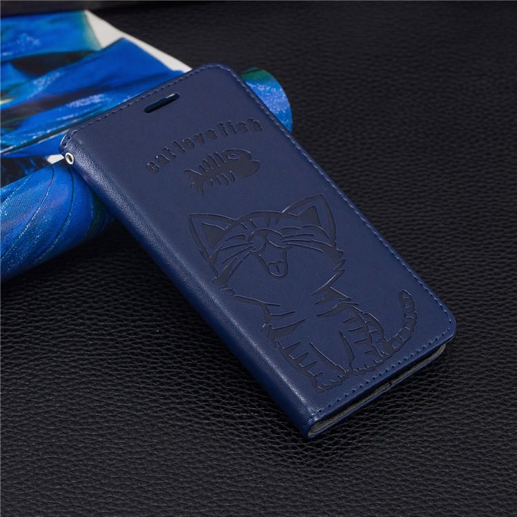Imprint Cat and Fishbone Pattern Leather Wallet Case for Samsung Galaxy A20e - Dark Blue-7
