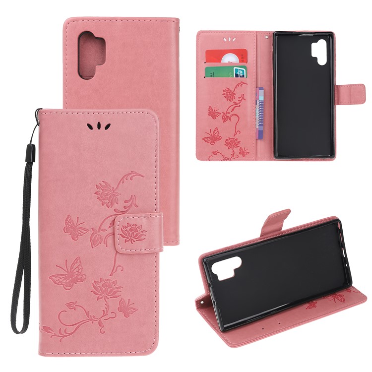 Imprint Butterfly Flower PU Leather Phone Case with Lanyard for Samsung Galaxy Note 10+/Note 10 Plus/10 Plus 5G - Pink-1