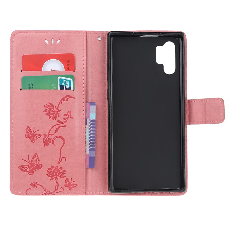 Imprint Butterfly Flower PU Leather Phone Case with Lanyard for Samsung Galaxy Note 10+/Note 10 Plus/10 Plus 5G - Pink-5