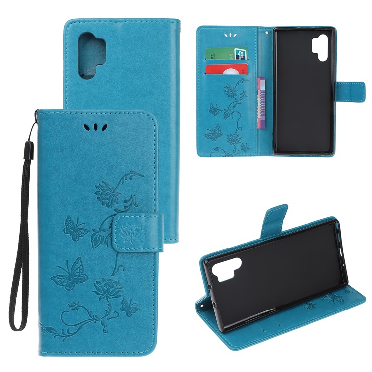 Imprint Butterfly Flower PU Leather Phone Case with Lanyard for Samsung Galaxy Note 10+/Note 10 Plus/10 Plus 5G - Blue-1