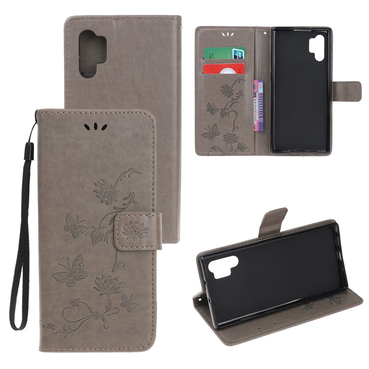 Imprint Butterfly Flower PU Leather Phone Case with Lanyard for Samsung Galaxy Note 10+/Note 10 Plus/10 Plus 5G - Grey-1