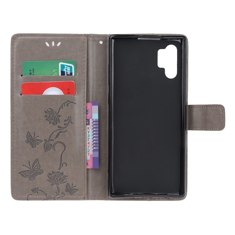 Imprint Butterfly Flower PU Leather Phone Case with Lanyard for Samsung Galaxy Note 10+/Note 10 Plus/10 Plus 5G - Grey-5