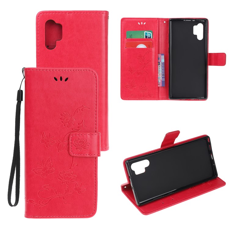 Imprint Butterfly Flower PU Leather Phone Case with Lanyard for Samsung Galaxy Note 10+/Note 10 Plus/10 Plus 5G - Red-1