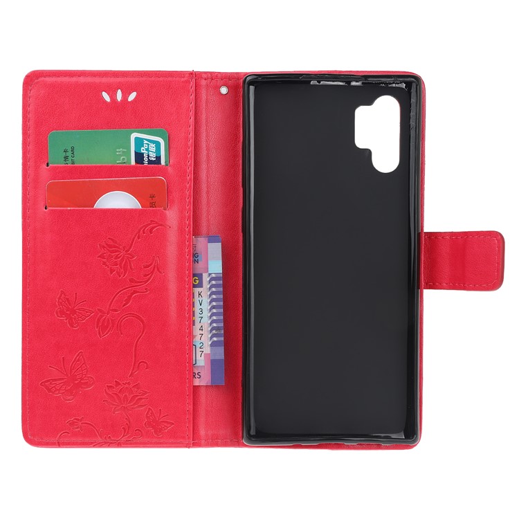 Imprint Butterfly Flower PU Leather Phone Case with Lanyard for Samsung Galaxy Note 10+/Note 10 Plus/10 Plus 5G - Red-5