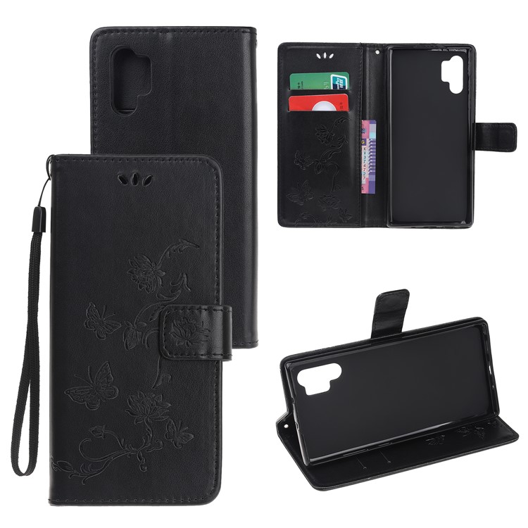Imprint Butterfly Flower PU Leather Phone Case with Lanyard for Samsung Galaxy Note 10+/Note 10 Plus/10 Plus 5G - Black-1