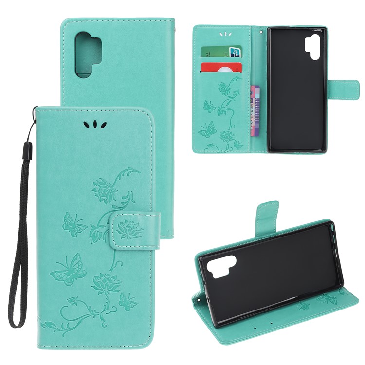 Imprint Butterfly Flower PU Leather Phone Case with Lanyard for Samsung Galaxy Note 10+/Note 10 Plus/10 Plus 5G - Cyan-1