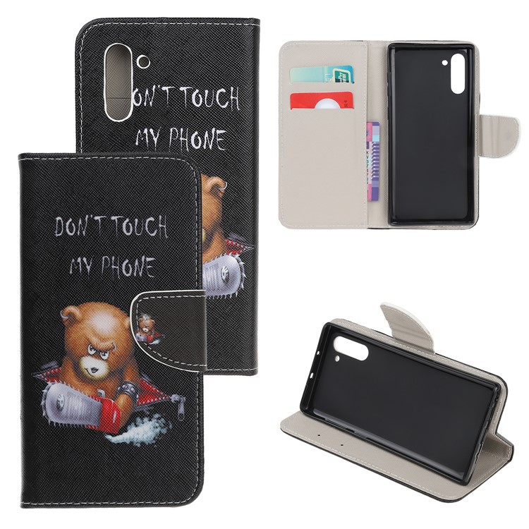 Pattern Printing Cross Texture Leather Wallet Case for Samsung Galaxy Note 10 / Note 10 5G - Brown Bear and Warning Words-1