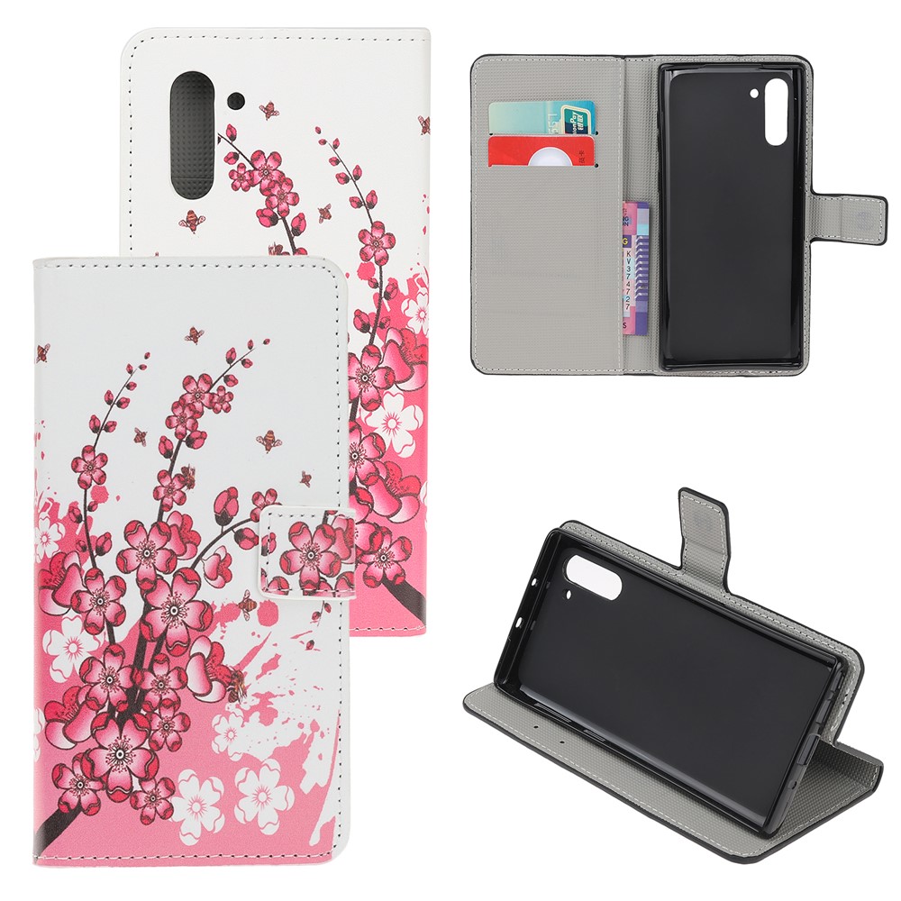 Pattern Printing Leather Wallet Stand Case for Samsung Galaxy Note 10 / Note 10 5G - Plum Blossom-1