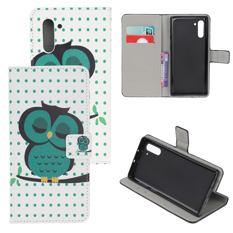Pattern Printing Leather Wallet Stand Case for Samsung Galaxy Note 10 / Note 10 5G - Sleeping Owl on the Branch-1
