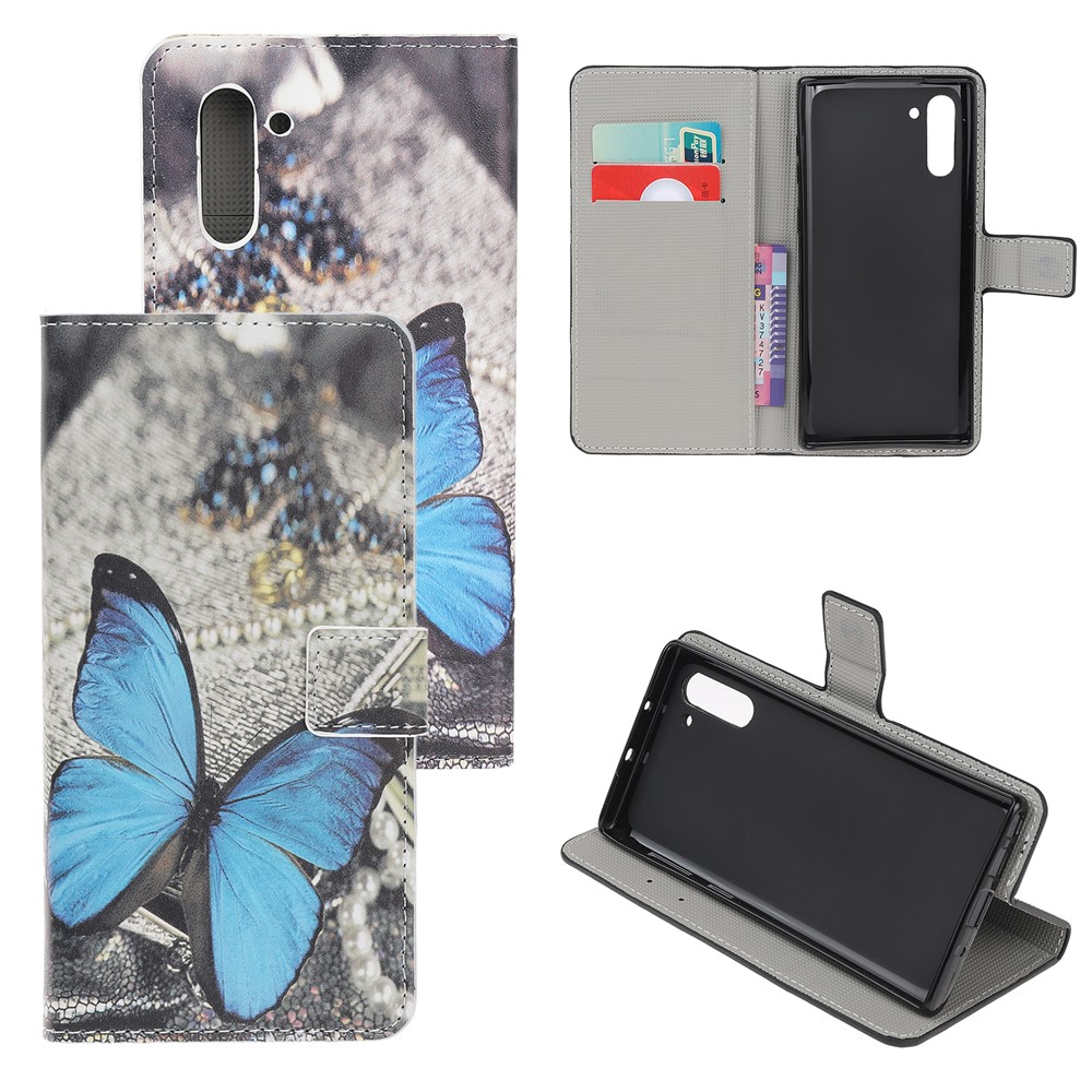 Pattern Printing Leather Wallet Stand Case for Samsung Galaxy Note 10 / Note 10 5G - Blue Butterfly-1