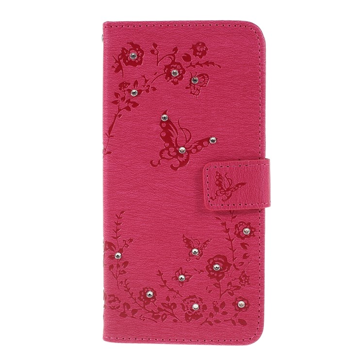 Imprint Butterfly Flowers Rhinestone Decor Leather Wallet Case for Samsung Galaxy Note 10 - Rose-3