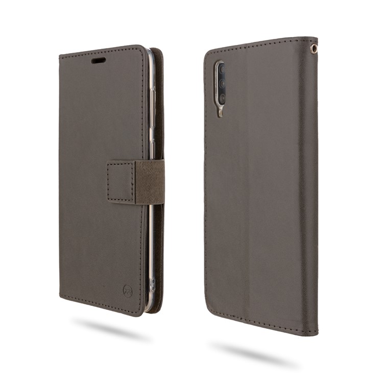 Cáscara Del Soporte De La Cartera Del Teléfono De TPU + Del Cuero De La PU De ROAR Para La Galaxia A70 De Samsung - Gris-1