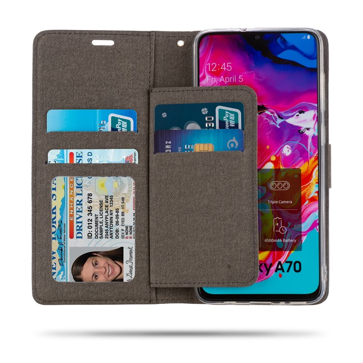 Cáscara Del Soporte De La Cartera Del Teléfono De TPU + Del Cuero De La PU De ROAR Para La Galaxia A70 De Samsung - Gris-2