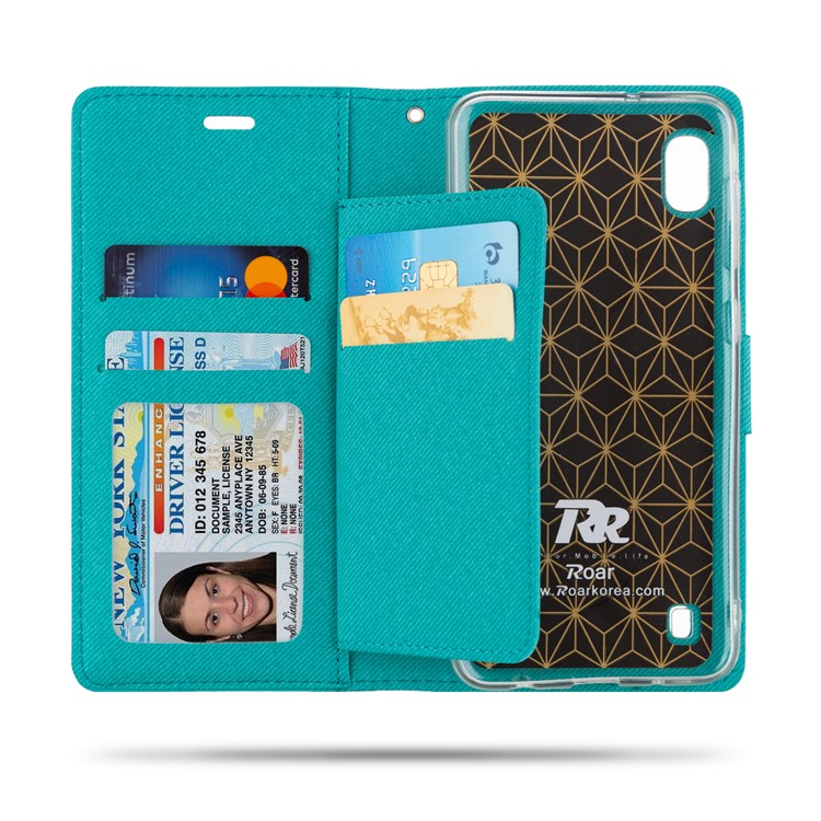 ROAR PU Leather + TPU Stand Wallet Phone Cover for Samsung Galaxy A10 - Cyan-2