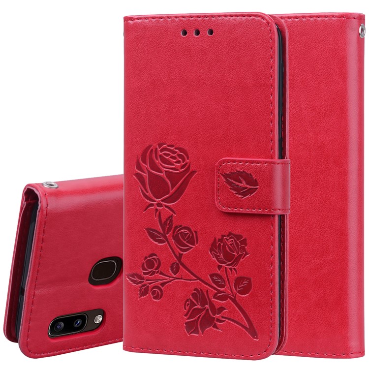 Imprinted Rose Flower Style Leather Wallet Phone Shell for Samsung Galaxy A20e - Red-1