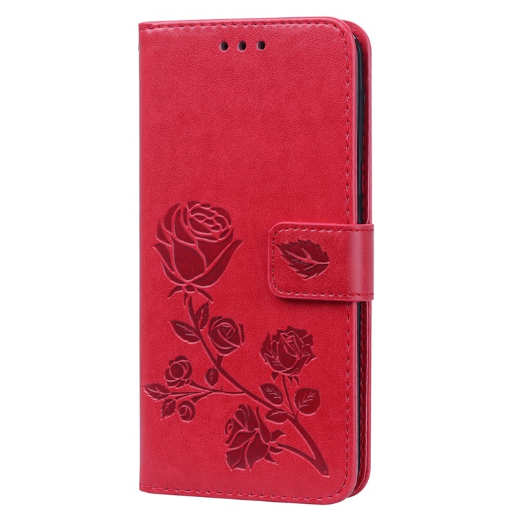 Imprinted Rose Flower Style Leather Wallet Phone Shell for Samsung Galaxy A20e - Red-4