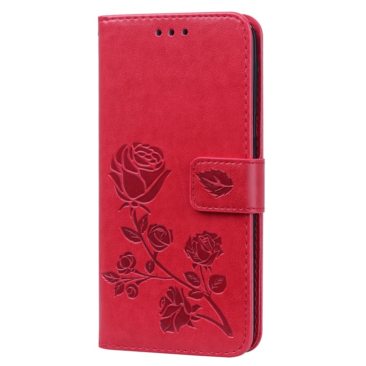 Imprinted Rose Flower Style Leather Wallet Phone Shell for Samsung Galaxy A20e / Galaxy A10 - Red-4