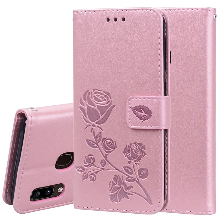Imprinted Rose Flower Style Leather Wallet Phone Shell for Samsung Galaxy A20e - Pink-1