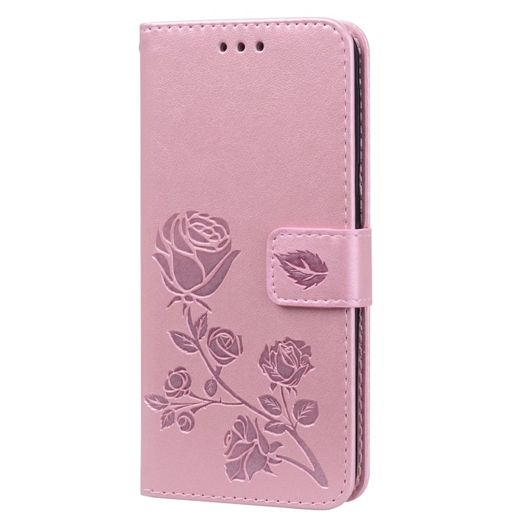 Imprinted Rose Flower Style Leather Wallet Phone Shell for Samsung Galaxy A20e - Pink-4