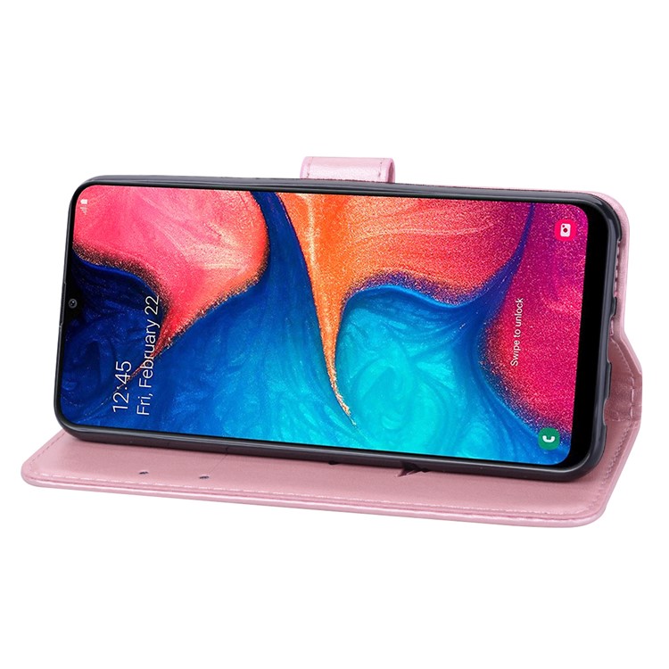 Imprinted Rose Flower Style Leather Wallet Phone Shell for Samsung Galaxy A20e - Pink-5