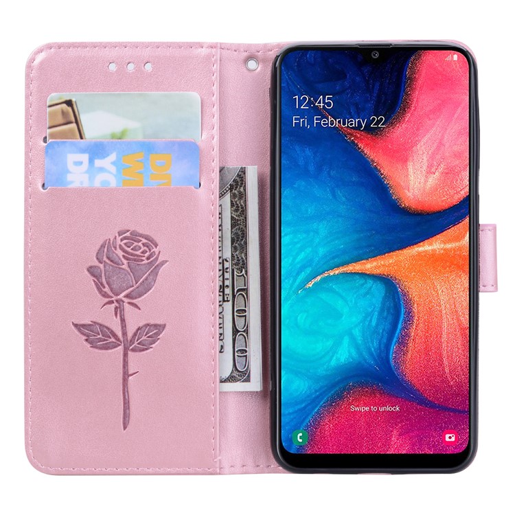 Imprinted Rose Flower Style Leather Wallet Phone Shell for Samsung Galaxy A20e - Pink-6