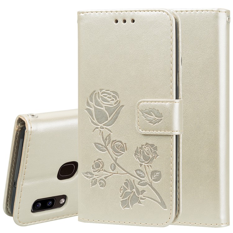 Imprinted Rose Flower Style Leather Wallet Phone Shell for Samsung Galaxy A20e - Gold-1