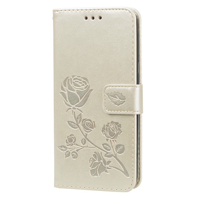Imprinted Rose Flower Style Leather Wallet Phone Shell for Samsung Galaxy A20e - Gold-4