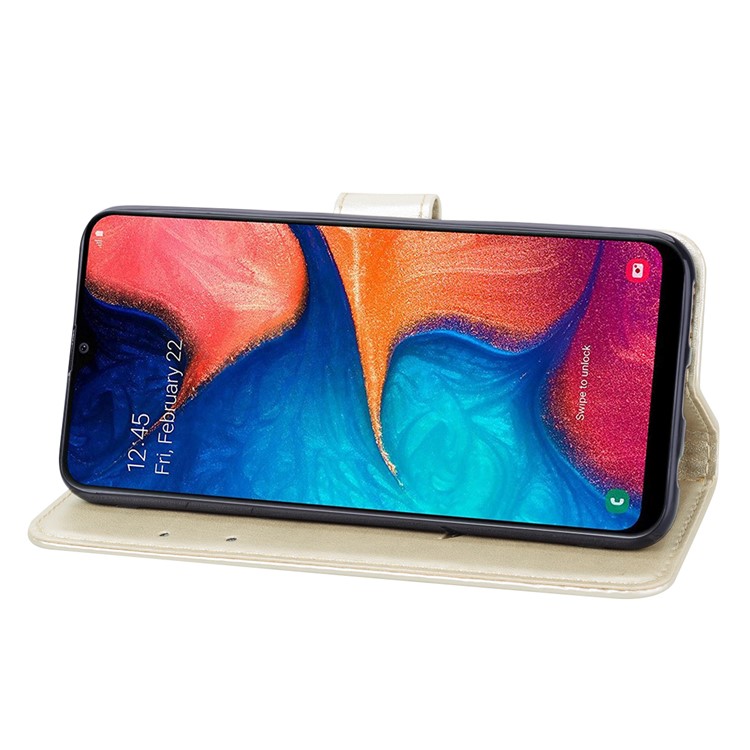 Imprinted Rose Flower Style Leather Wallet Phone Shell for Samsung Galaxy A20e - Gold-5