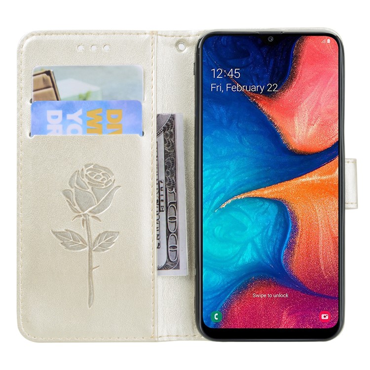 Imprinted Rose Flower Style Leather Wallet Phone Shell for Samsung Galaxy A20e - Gold-6