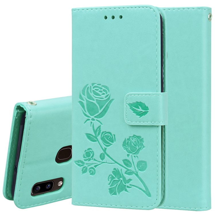 Imprinted Rose Flower Style Leather Wallet Phone Shell for Samsung Galaxy A20e - Cyan-1