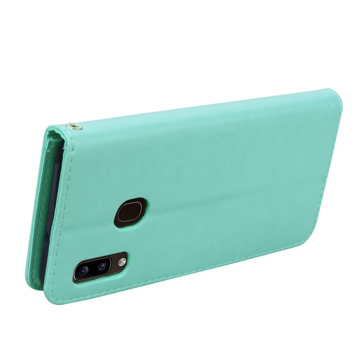 Imprinted Rose Flower Style Leather Wallet Phone Shell for Samsung Galaxy A20e - Cyan-2