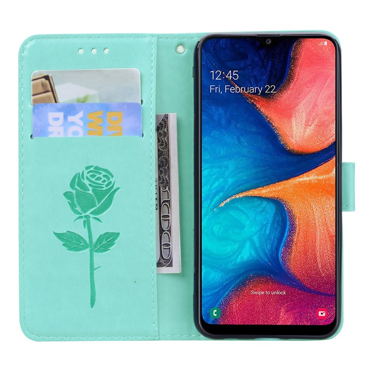 Imprinted Rose Flower Style Leather Wallet Phone Shell for Samsung Galaxy A20e - Cyan-6