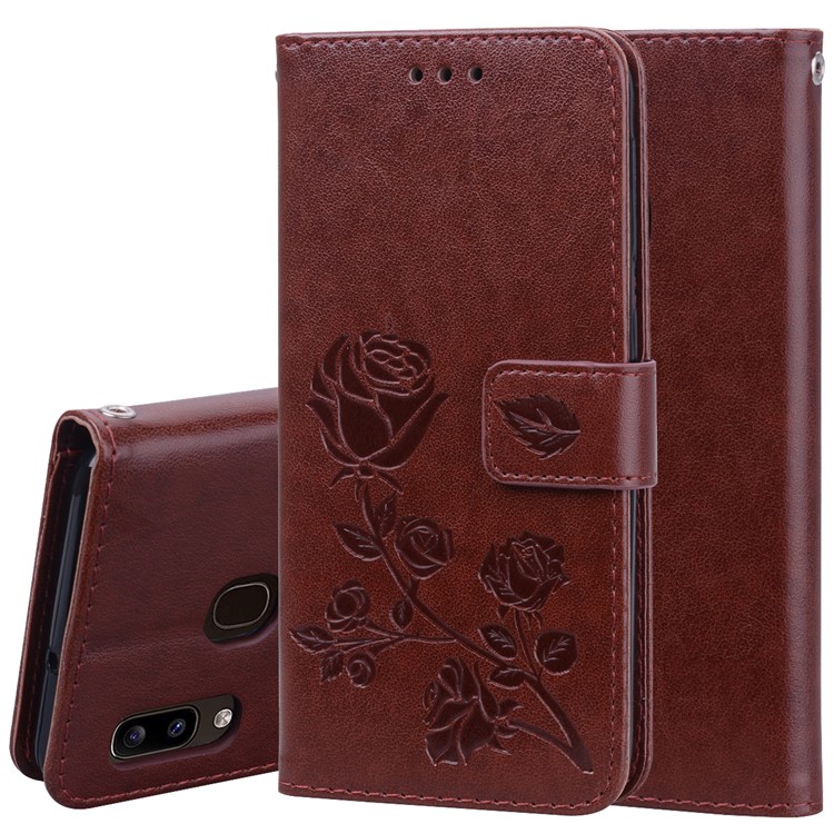 Imprinted Rose Flower Style Leather Wallet Phone Shell for Samsung Galaxy A20e - Brown-1
