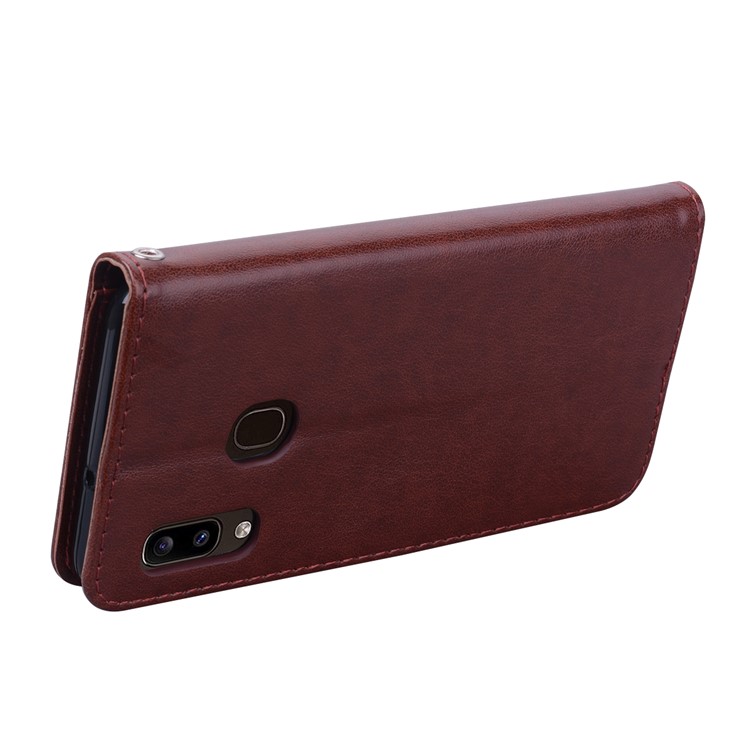 Imprinted Rose Flower Style Leather Wallet Phone Shell for Samsung Galaxy A20e - Brown-2