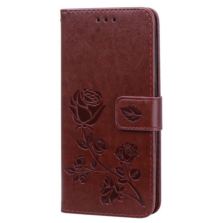 Imprinted Rose Flower Style Leather Wallet Phone Shell for Samsung Galaxy A20e - Brown-4