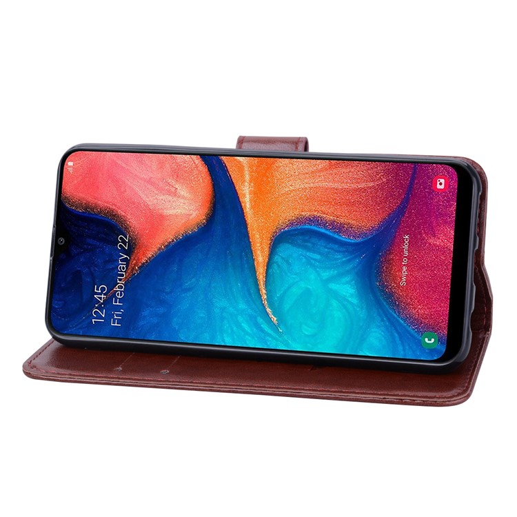Imprinted Rose Flower Style Leather Wallet Phone Shell for Samsung Galaxy A20e - Brown-5