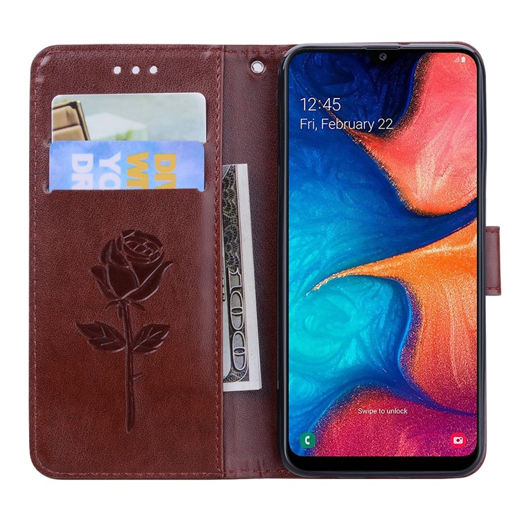 Imprinted Rose Flower Style Leather Wallet Phone Shell for Samsung Galaxy A20e - Brown-6
