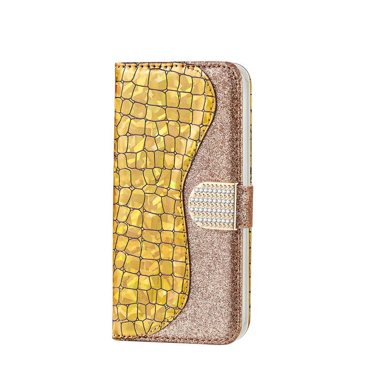 Crocodile Texture + Flash Powder Leather Phone Case for Samsung Galaxy A70 - Gold-2
