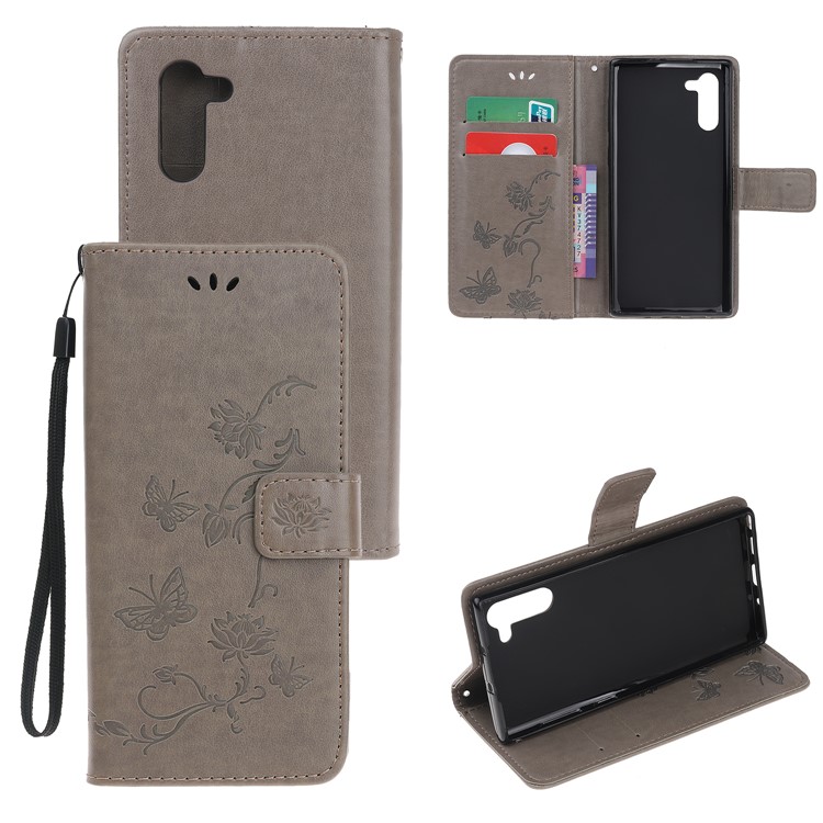 Imprint Butterflies Flower PU Leather Wallet Stand Case for Samsung Galaxy Note 10/Note 10 5G - Grey-1
