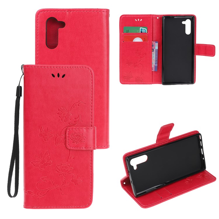 Imprint Butterflies Flower PU Leather Wallet Stand Case for Samsung Galaxy Note 10/Note 10 5G - Red-1