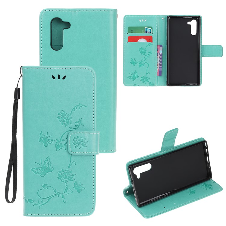 Imprint Butterflies Flower PU Leather Wallet Stand Case for Samsung Galaxy Note 10/Note 10 5G - Cyan-1