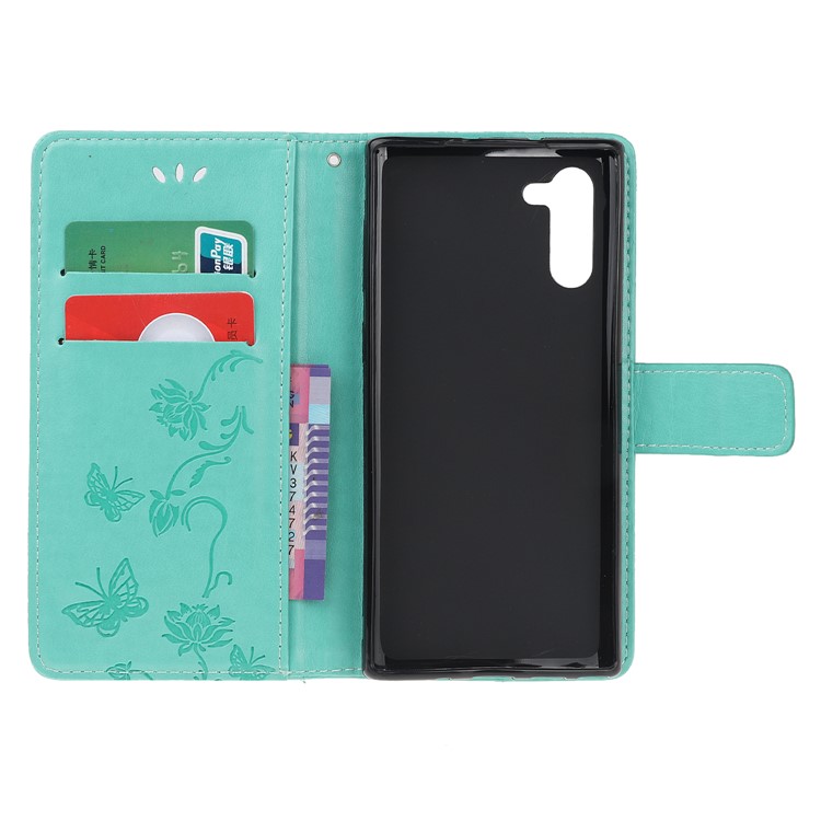 Imprint Butterflies Flower PU Leather Wallet Stand Case for Samsung Galaxy Note 10/Note 10 5G - Cyan-5