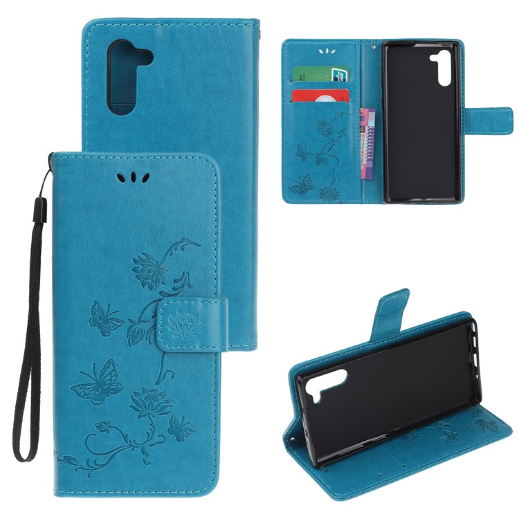 Imprint Butterflies Flower PU Leather Wallet Stand Case for Samsung Galaxy Note 10/Note 10 5G - Blue-1