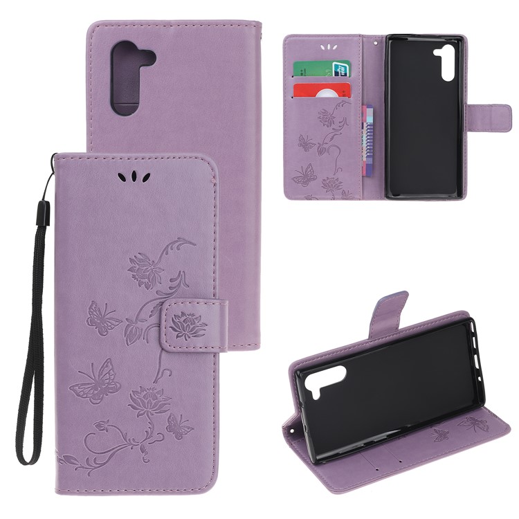 Imprint Butterflies Flower PU Leather Wallet Stand Case for Samsung Galaxy Note 10/Note 10 5G - Light Purple-1