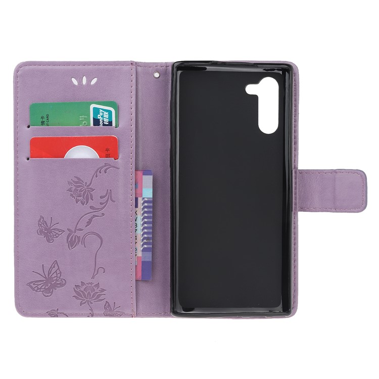 Imprint Butterflies Flower PU Leather Wallet Stand Case for Samsung Galaxy Note 10/Note 10 5G - Light Purple-5