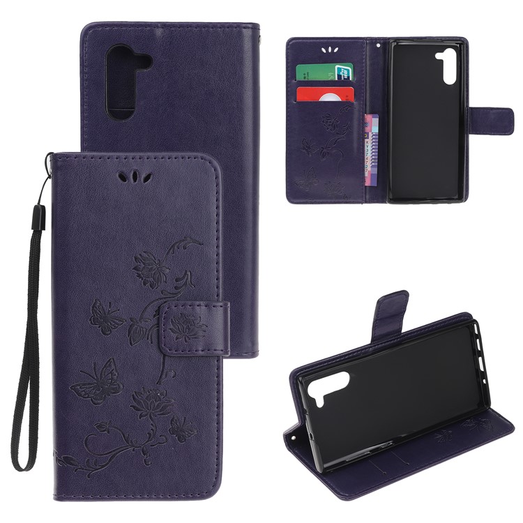 Imprint Butterflies Flower PU Leather Wallet Stand Case for Samsung Galaxy Note 10/Note 10 5G - Dark Purple-1