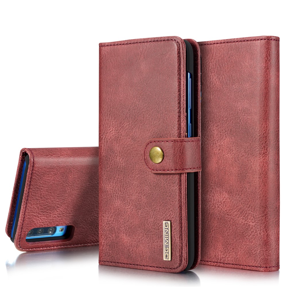 DG.MING Split Leather Phone Cover Shell for Samsung Galaxy A70 - Red-1