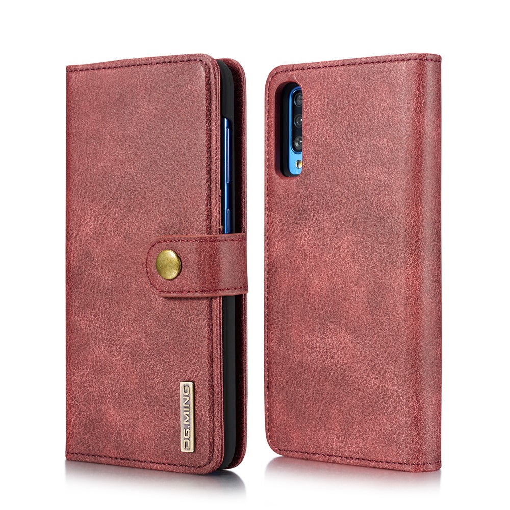 DG.MING Split Leather Phone Cover Shell for Samsung Galaxy A70 - Red-2