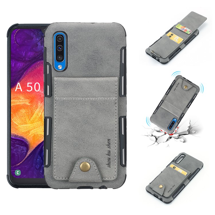 Vertical Flip PU Leather Coated Card Holder PC TPU Hybrid Phone Cover for Samsung Galaxy A50/A50s/A30s - Grey-1